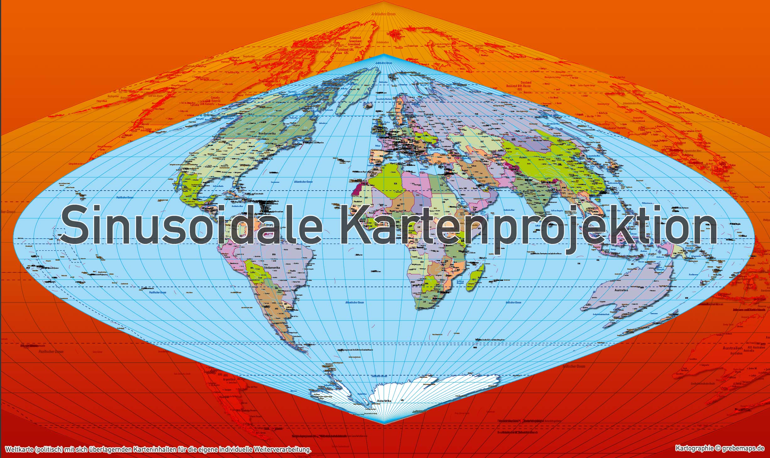Weltkarte politisch - Sinusoidale Kartenprojektion - ebenen-separierte editierbare Vektorkarte für Illustrator [Digital] – Bild 4