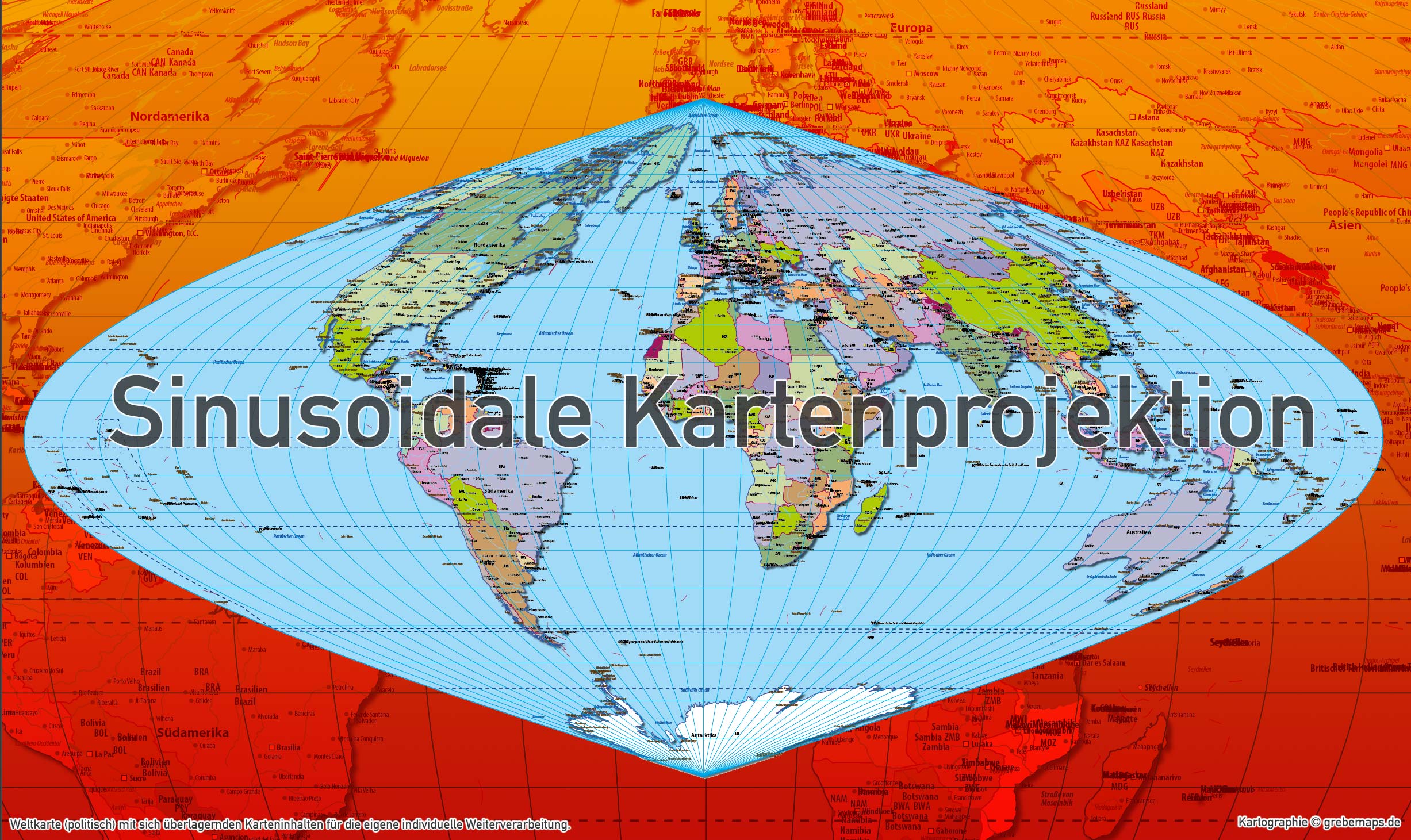 Weltkarte politisch - Sinusoidale Kartenprojektion - ebenen-separierte editierbare Vektorkarte für Illustrator [Digital] – Bild 5