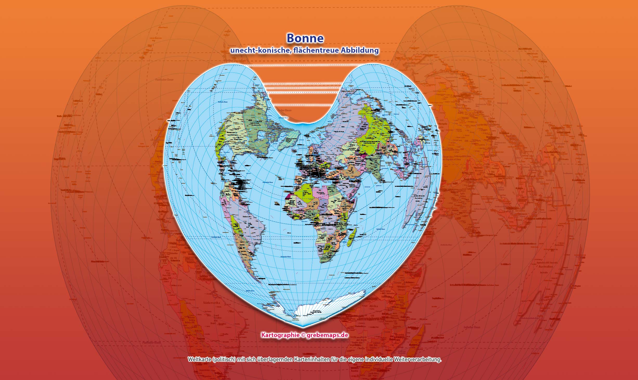 Weltkarte politisch - Bonne Kartenprojektion (Herzform) - ebenen-separierte editierbare Vektorkarte für Illustrator [Digital] – Bild 4