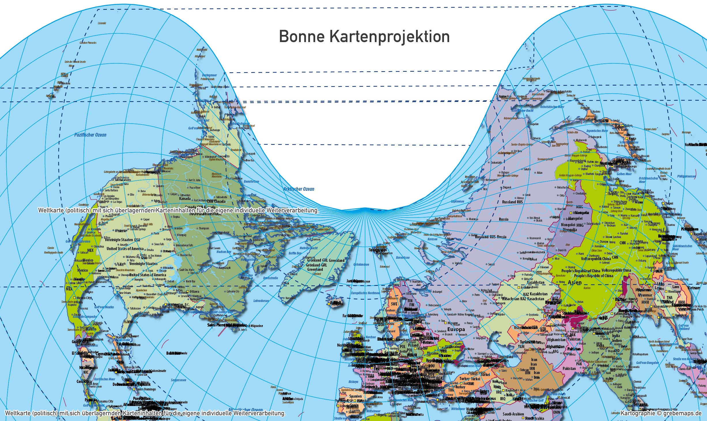 Weltkarte politisch - Bonne Kartenprojektion (Herzform) - ebenen-separierte editierbare Vektorkarte für Illustrator [Digital] – Bild 8