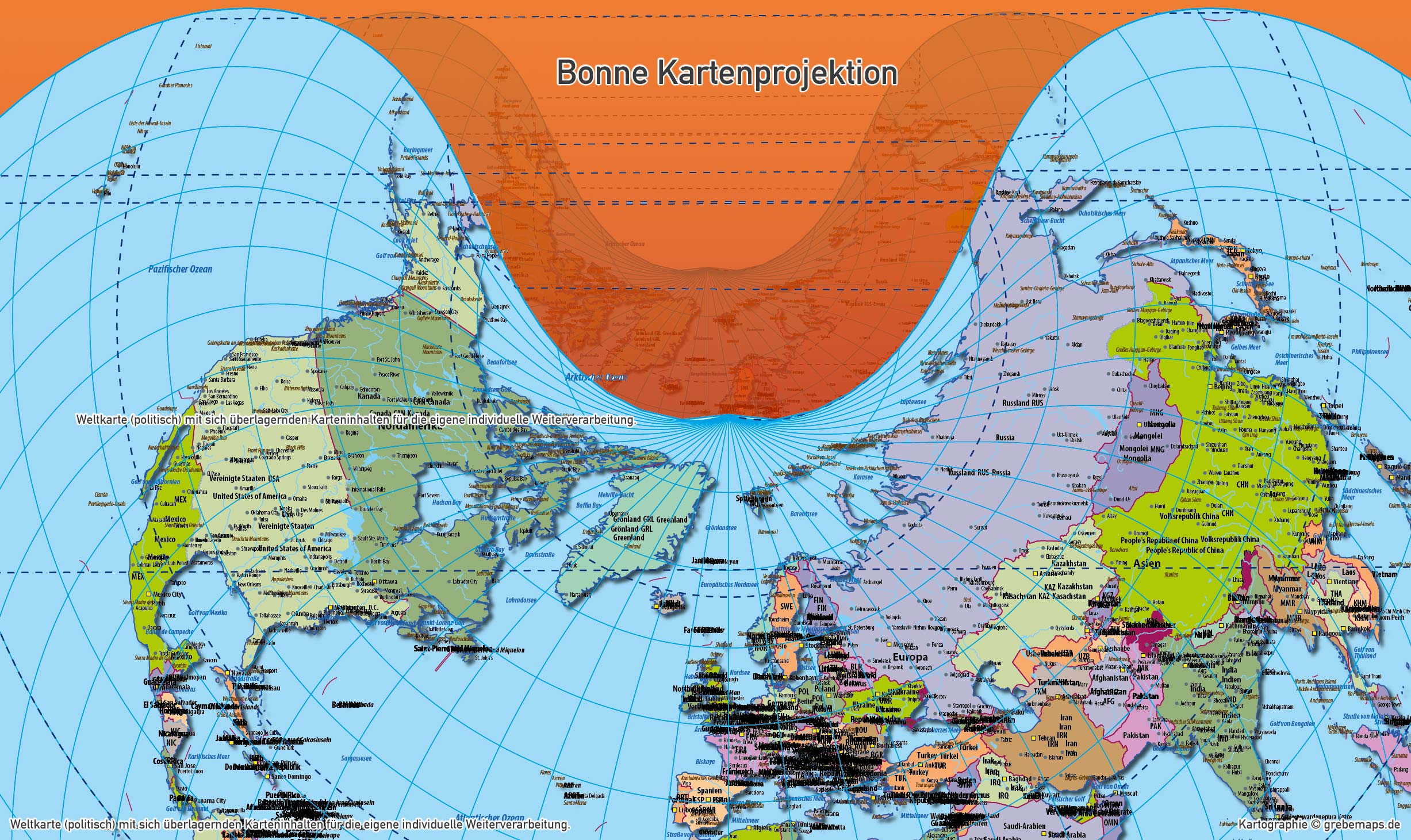 Weltkarte politisch - Bonne Kartenprojektion (Herzform) - ebenen-separierte editierbare Vektorkarte für Illustrator [Digital] – Bild 6