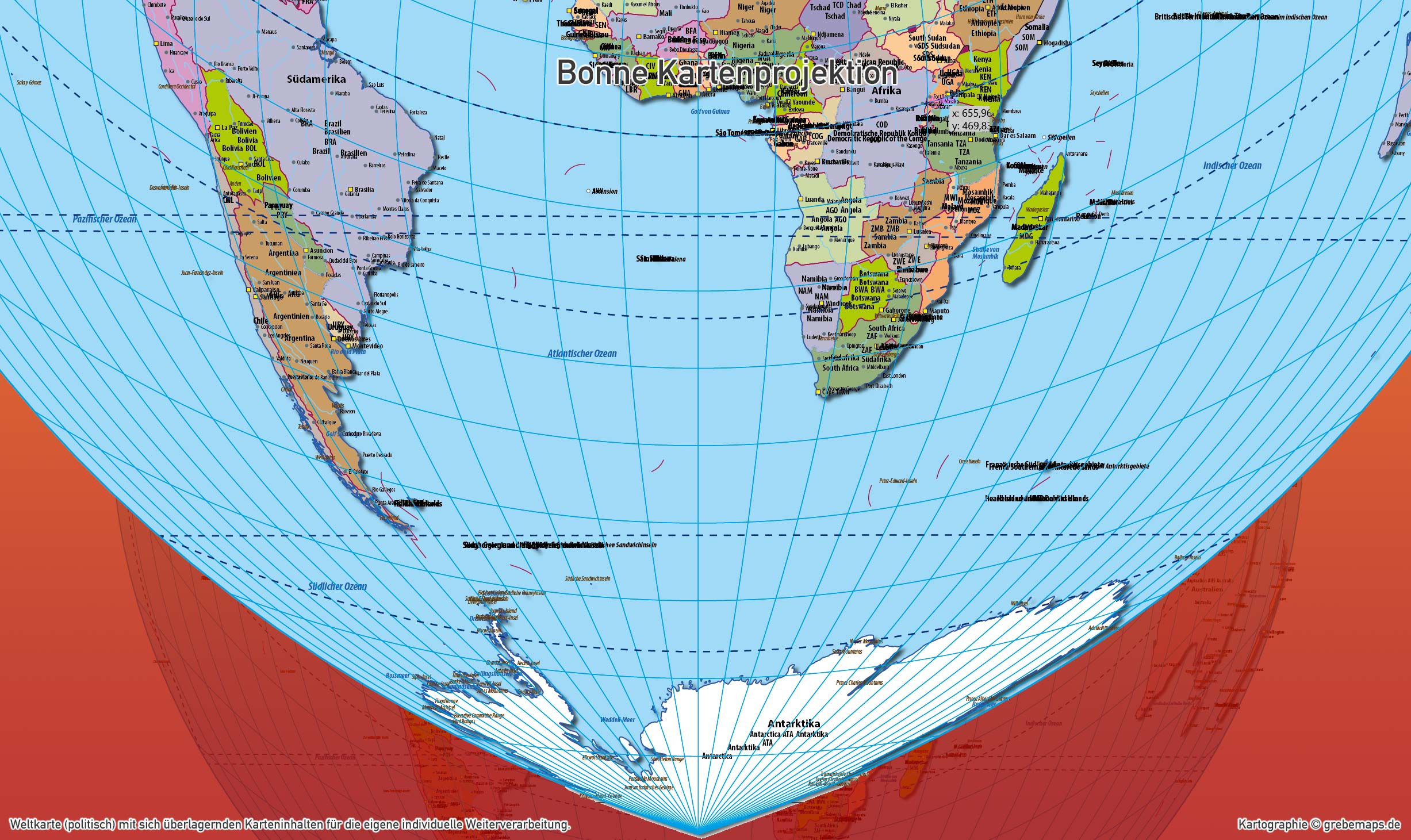 Weltkarte politisch - Bonne Kartenprojektion (Herzform) - ebenen-separierte editierbare Vektorkarte für Illustrator [Digital] – Bild 7