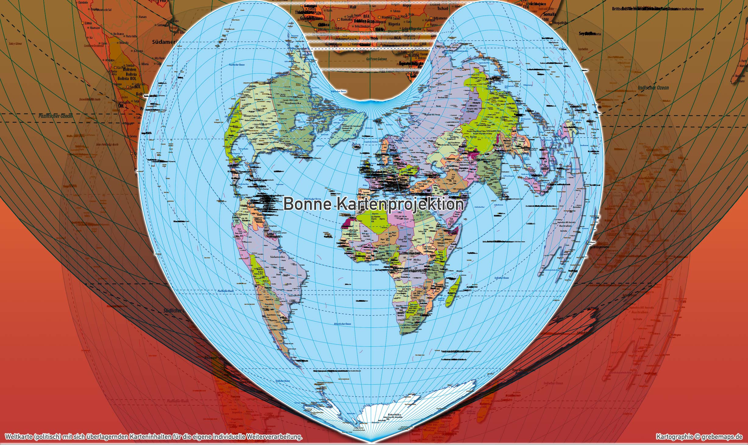 Weltkarte politisch - Bonne Kartenprojektion (Herzform) - ebenen-separierte editierbare Vektorkarte für Illustrator [Digital] – Bild 5