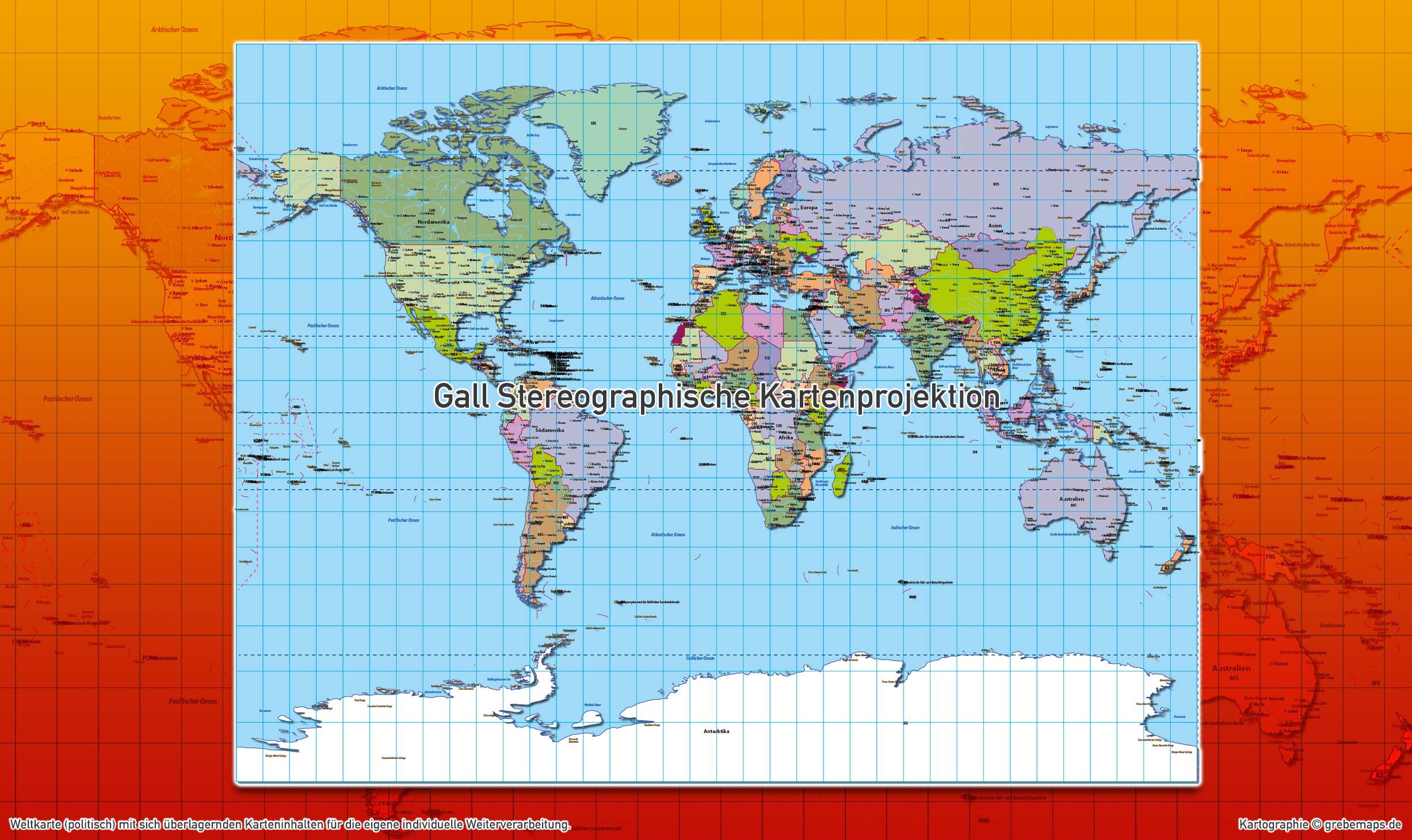 Weltkarte politisch - Gall Stereographisch Kartenprojektion - ebenen-separierte editierbare Vektorkarte für Illustrator zum Download [Digital] – Bild 4