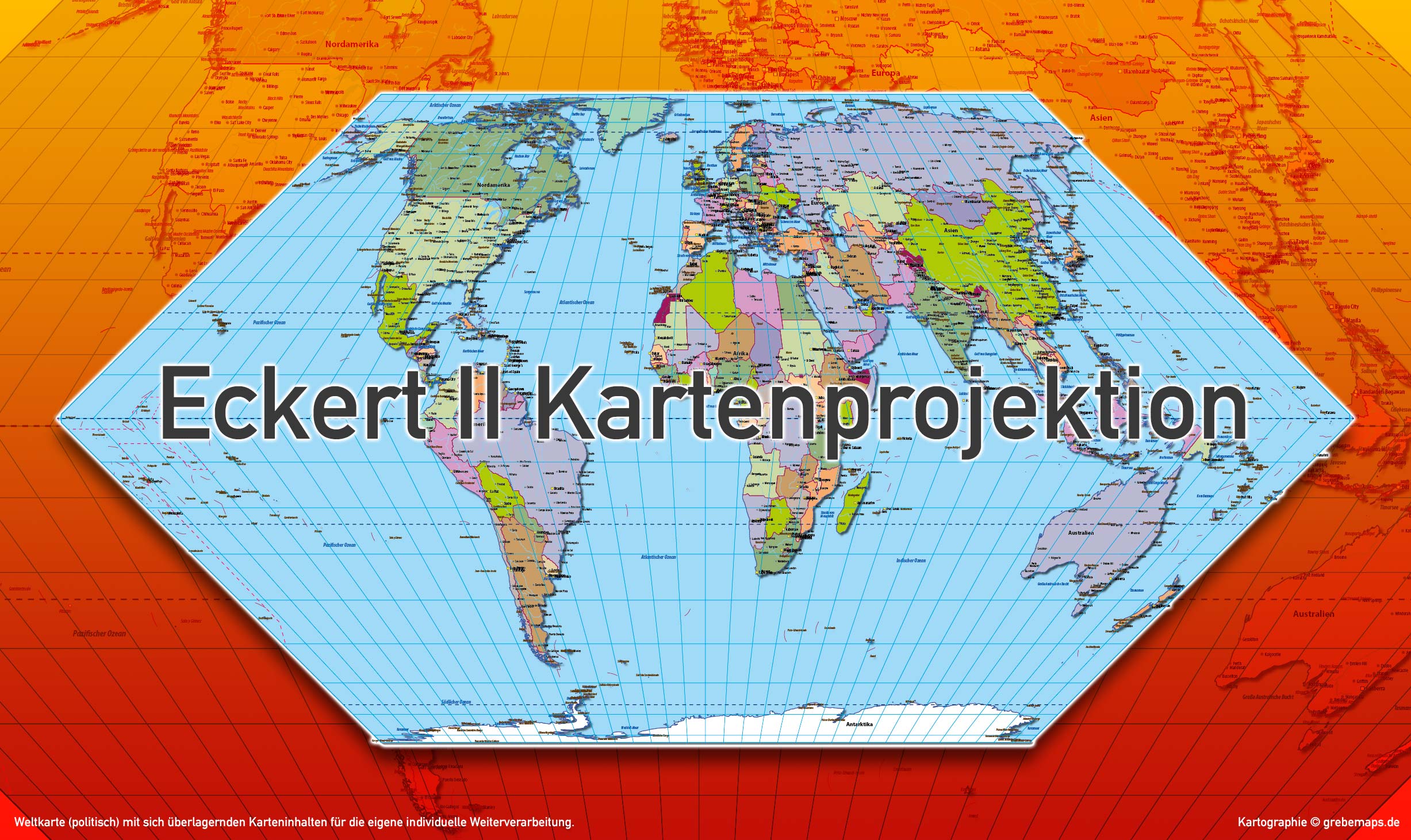 Weltkarte politisch - Eckert II Kartenprojektion - ebenen-separierte editierbare Vektorkarte für Illustrator zum Download [Digital] – Bild 3