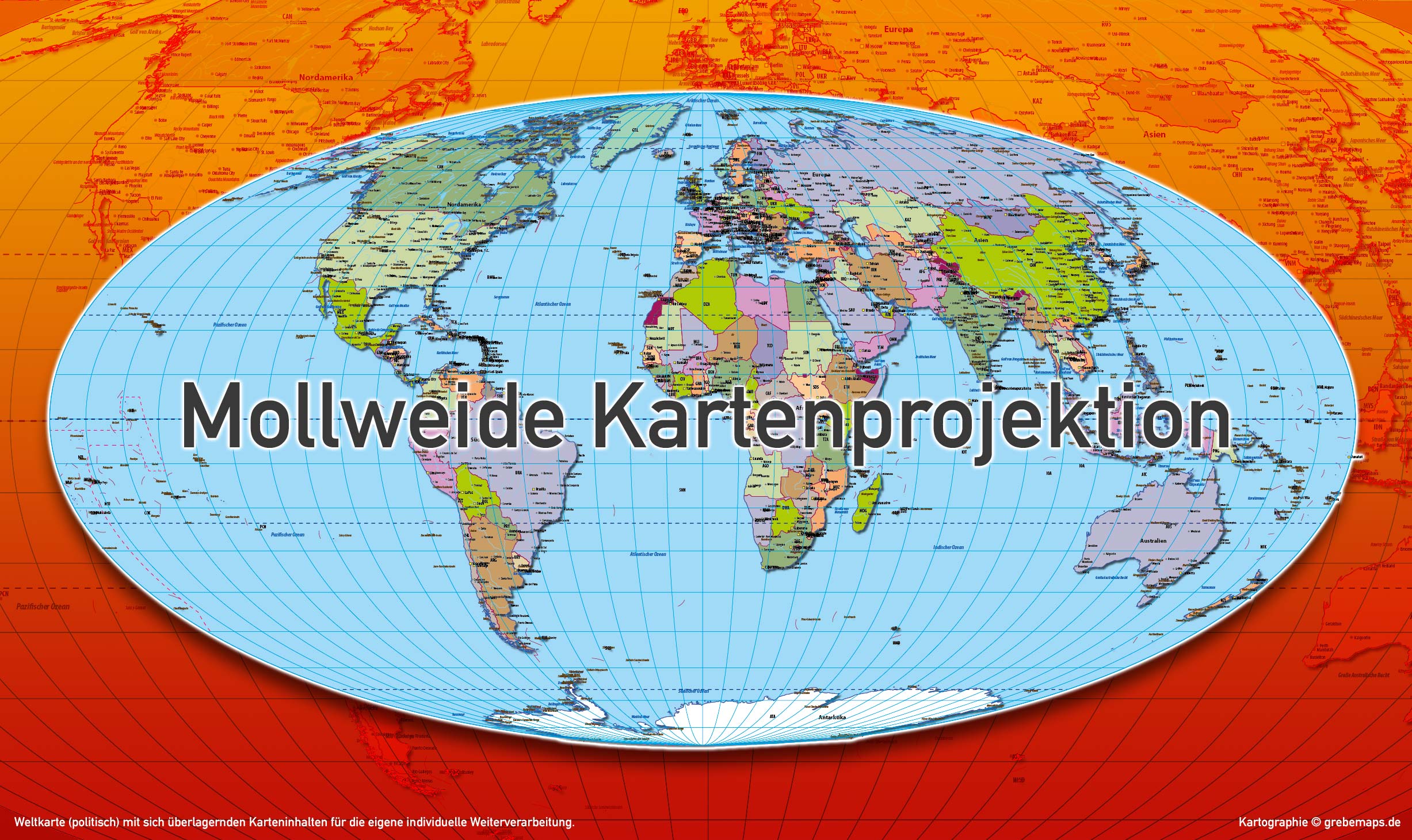 Weltkarte politisch - Mollweide Kartenprojektion - ebenen-separierte editierbare Vektorkarte für Illustrator zum Download [Digital] – Bild 3