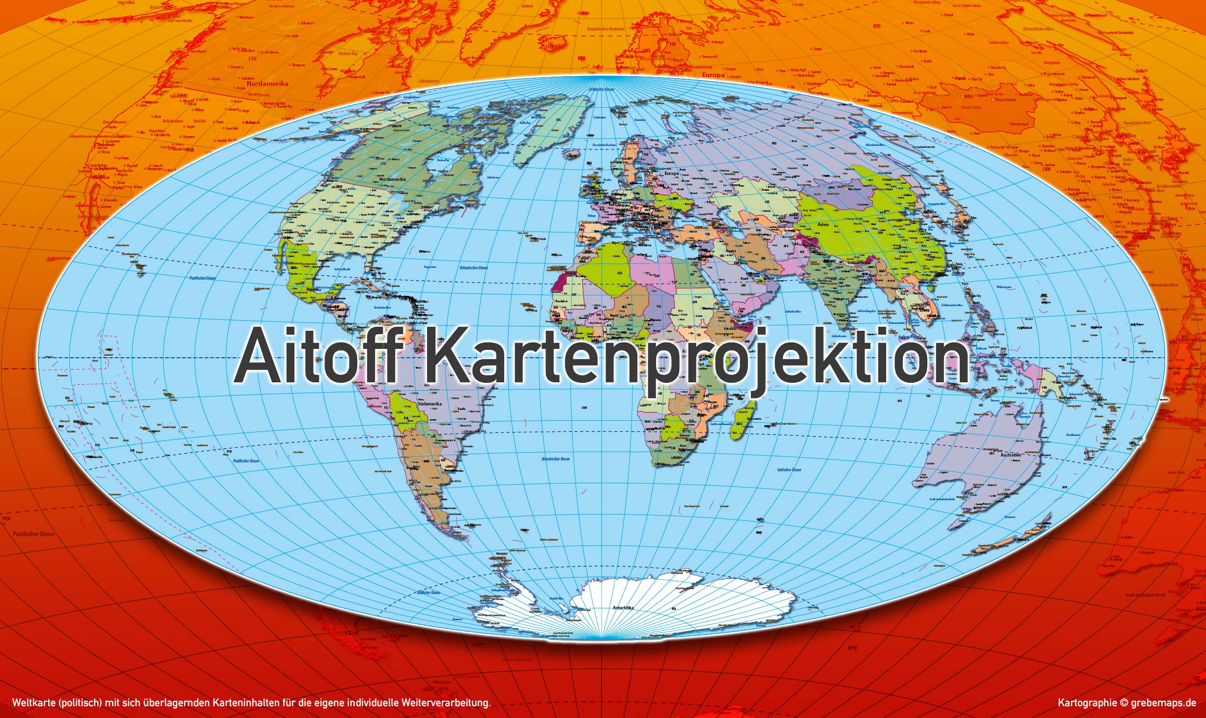 Weltkarte politisch - Aitoff Kartenprojektion - ebenen-separierte editierbare Vektorkarte für Illustrator zum Download [Digital] – Bild 3