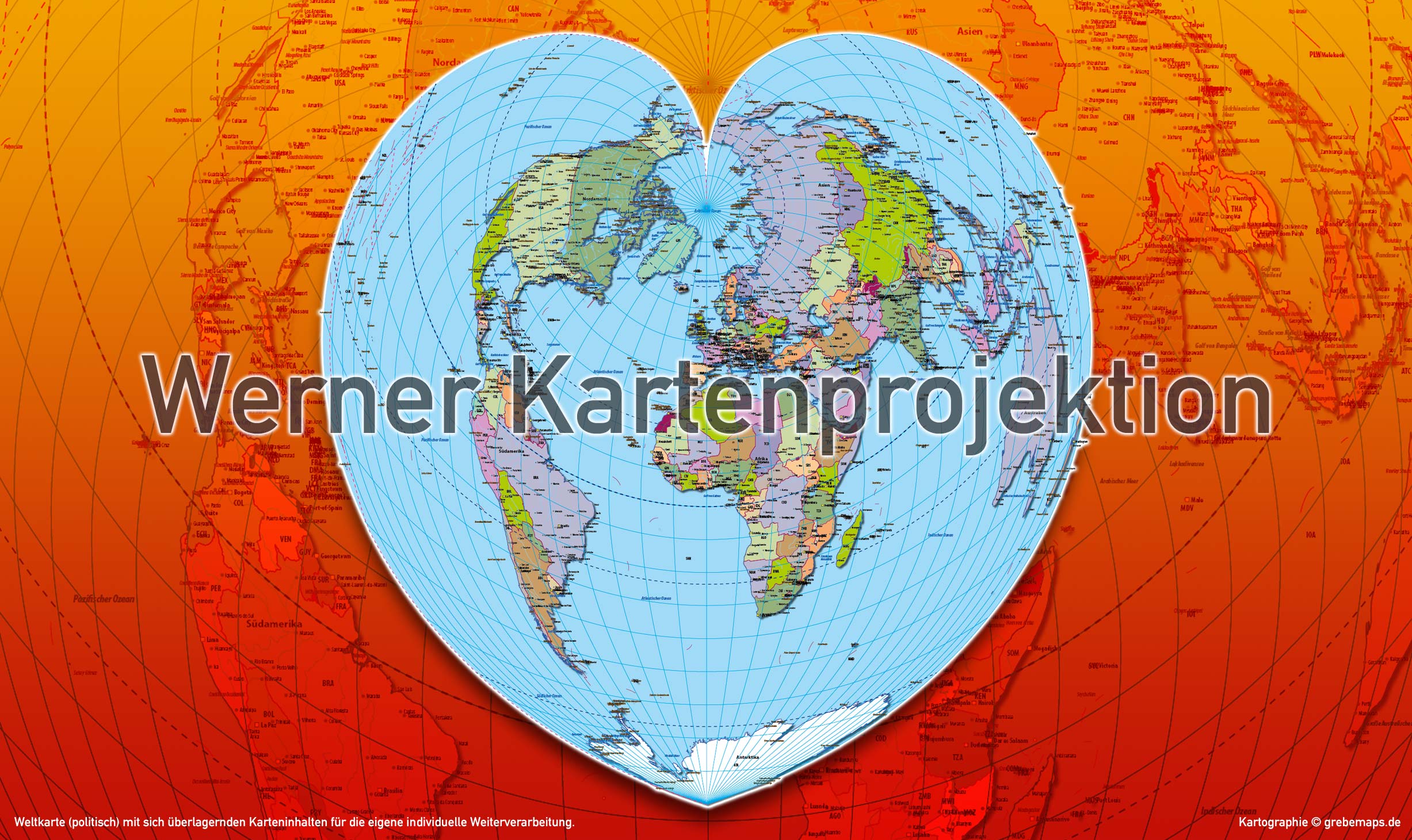 Weltkarte politisch - Werner Kartenprojektion (Herzform) - ebenen-separierte editierbare Vektorkarte für Illustrator zum Download [Digital] – Bild 3