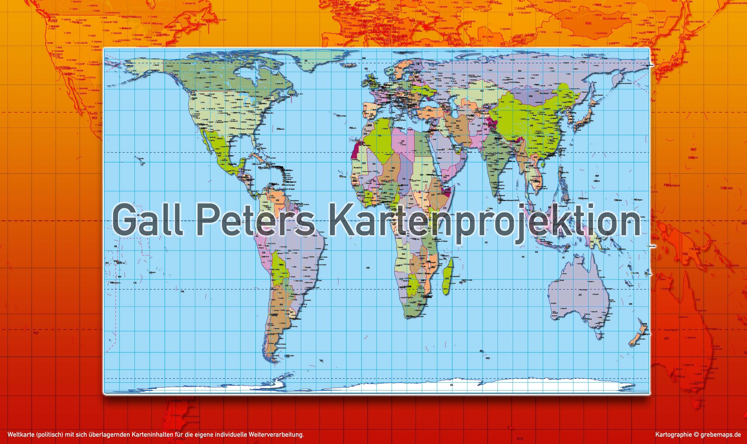 Weltkarte politisch - Gall Peters Kartenprojektion - Vektordatei ebenen-separierte editierbare Vektor-Karte für Illustrator zum Download [Digital] – Bild 3