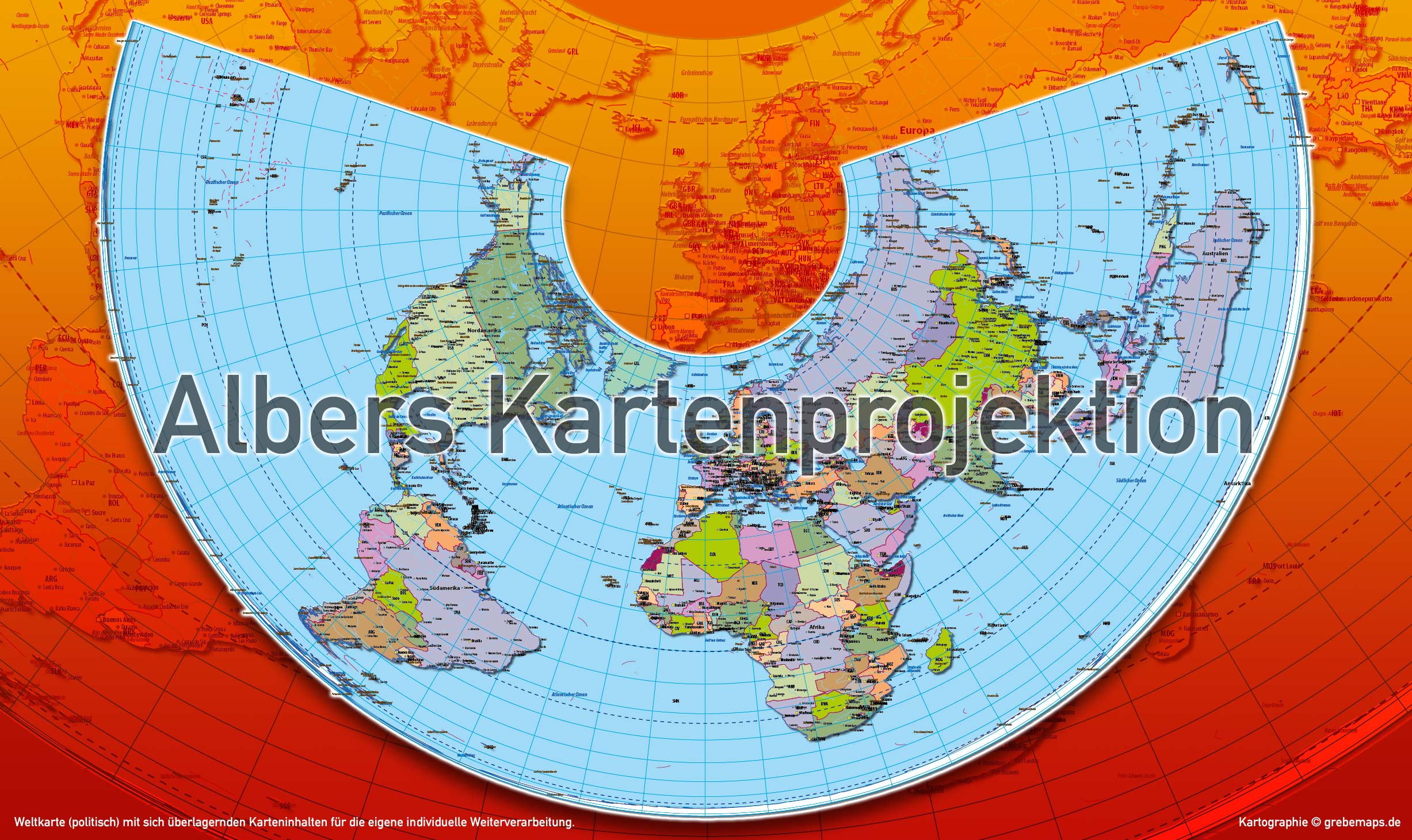 Weltkarte politisch - Albers Kartenprojektion - Vektordatei ebenen-separierte editierbare Vektor-Karte für Illustrator zum Download [Digital] – Bild 3
