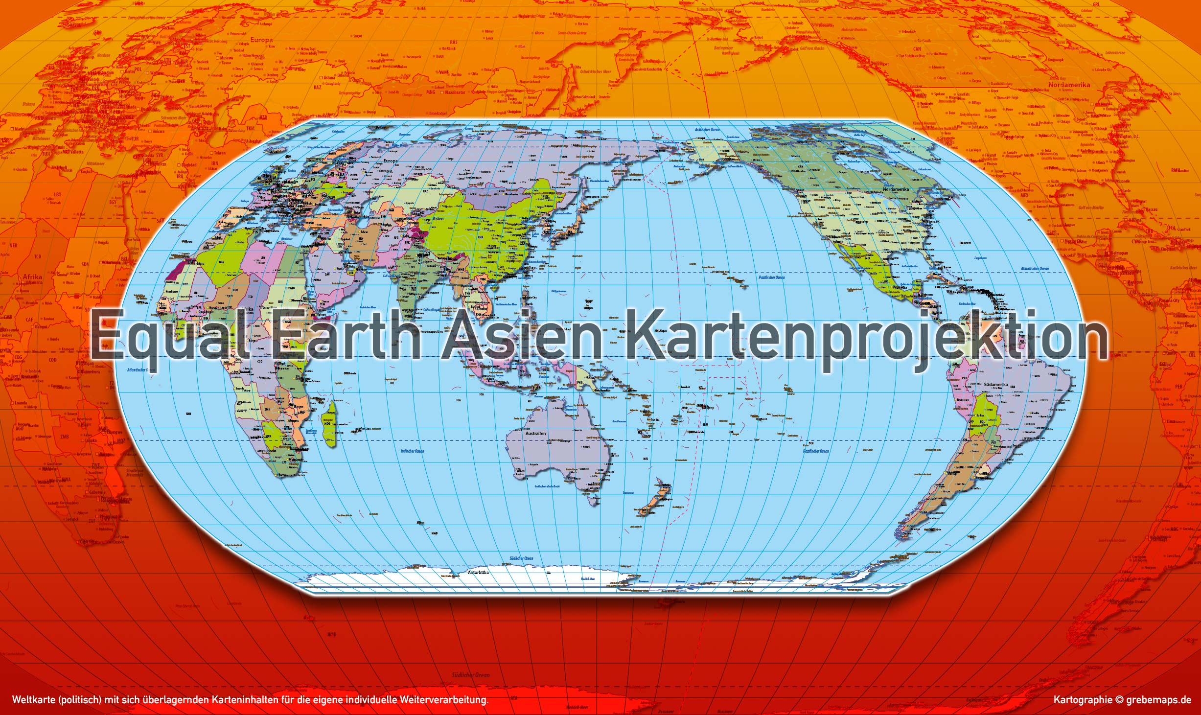 Weltkarte politisch - Equal Earth Asien-Pazifik Kartenprojektion - Vektordatei ebenen-separierte editierbare Vektor-Karte für Illustrator zum Download [Digital] – Bild 3