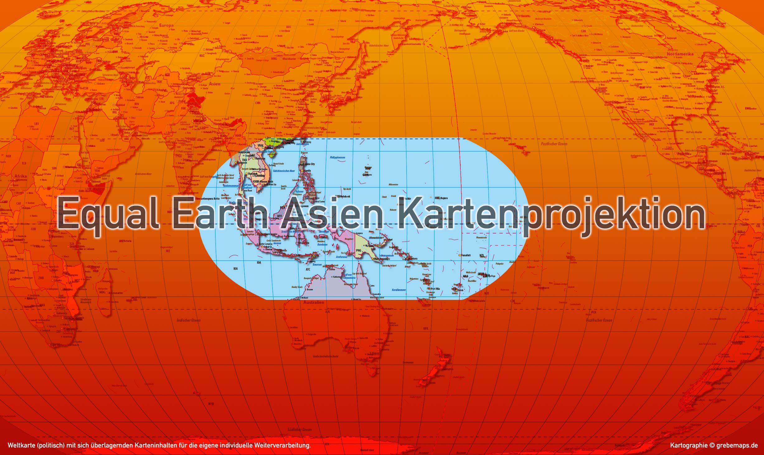 Weltkarte politisch - Equal Earth Asien-Pazifik Kartenprojektion - Vektordatei ebenen-separierte editierbare Vektor-Karte für Illustrator zum Download [Digital] – Bild 4