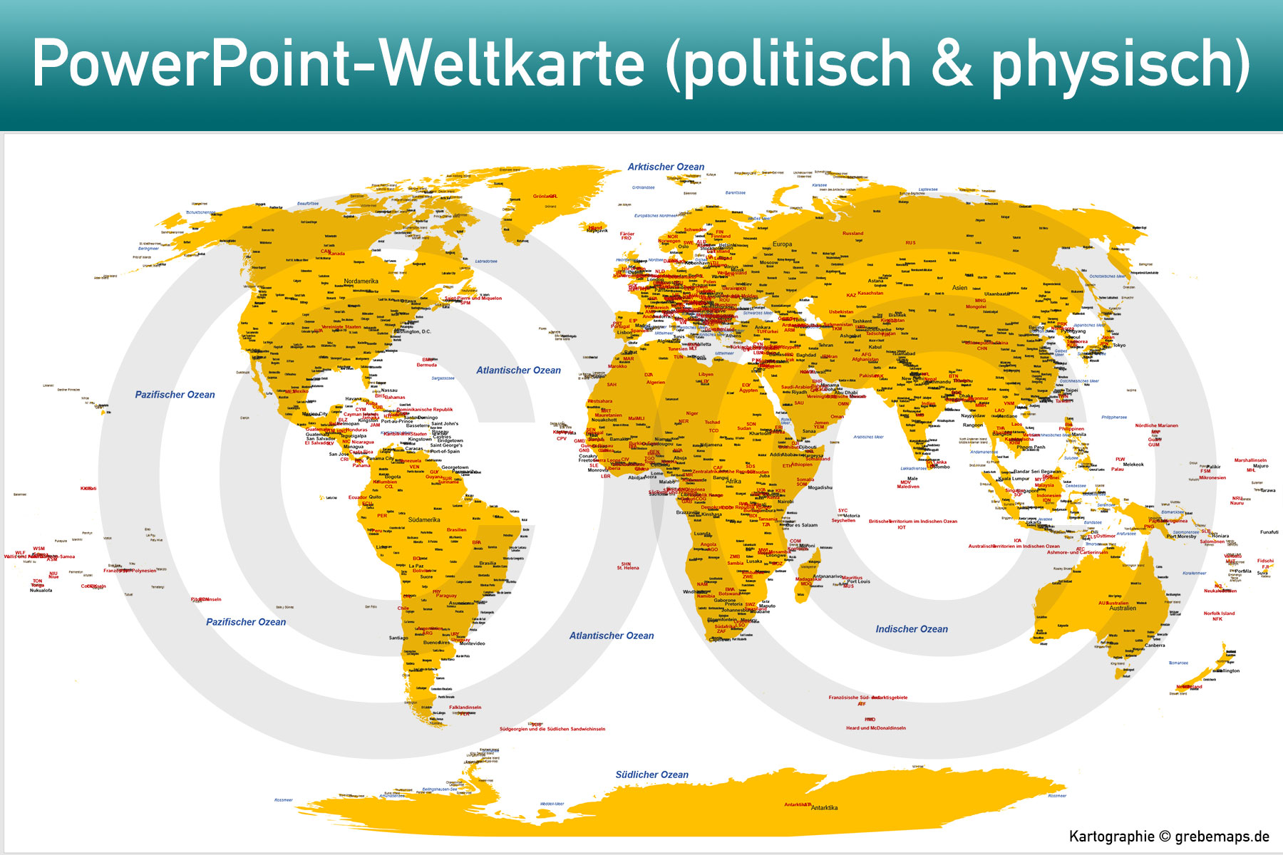 PowerPoint-Karte Weltkarte politisch und physisch mit Ländern zum Einfärben und Bearbeiten als Download [Digital] – Bild 34