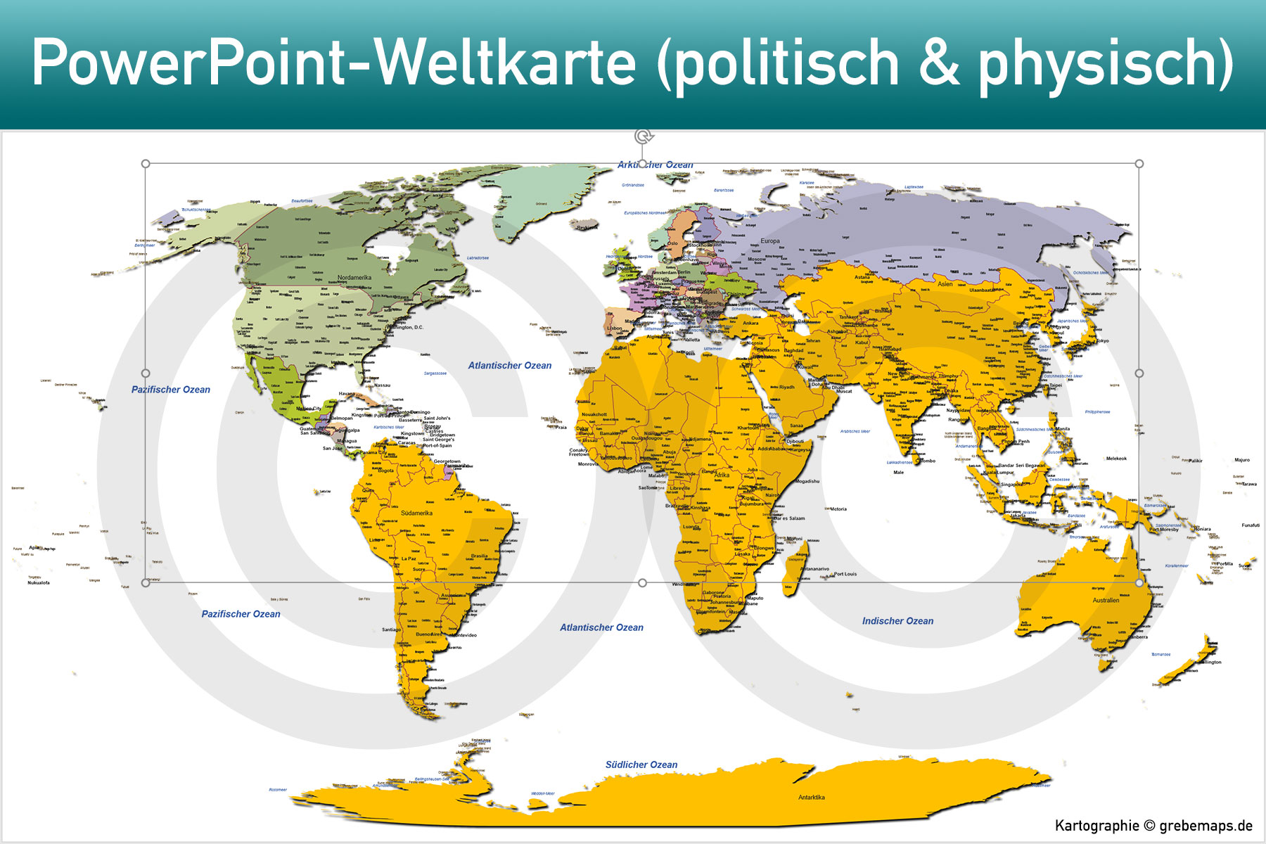 PowerPoint-Karte Weltkarte politisch und physisch mit Ländern zum Einfärben und Bearbeiten als Download [Digital] – Bild 36