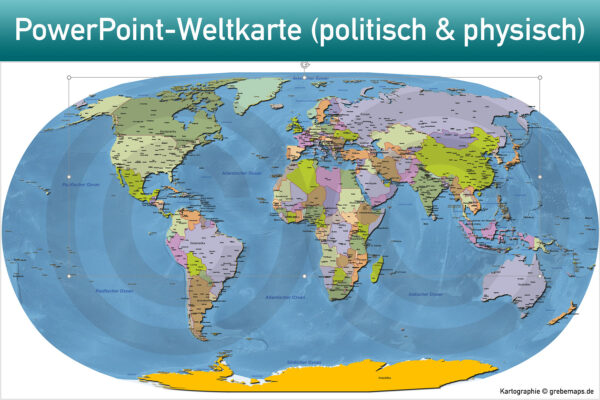 PowerPoint-Karte Weltkarte politisch und physisch mit Ländern zum Einfärben  und Bearbeiten als Download - grebemaps® B2B-KartenShop (GKB)