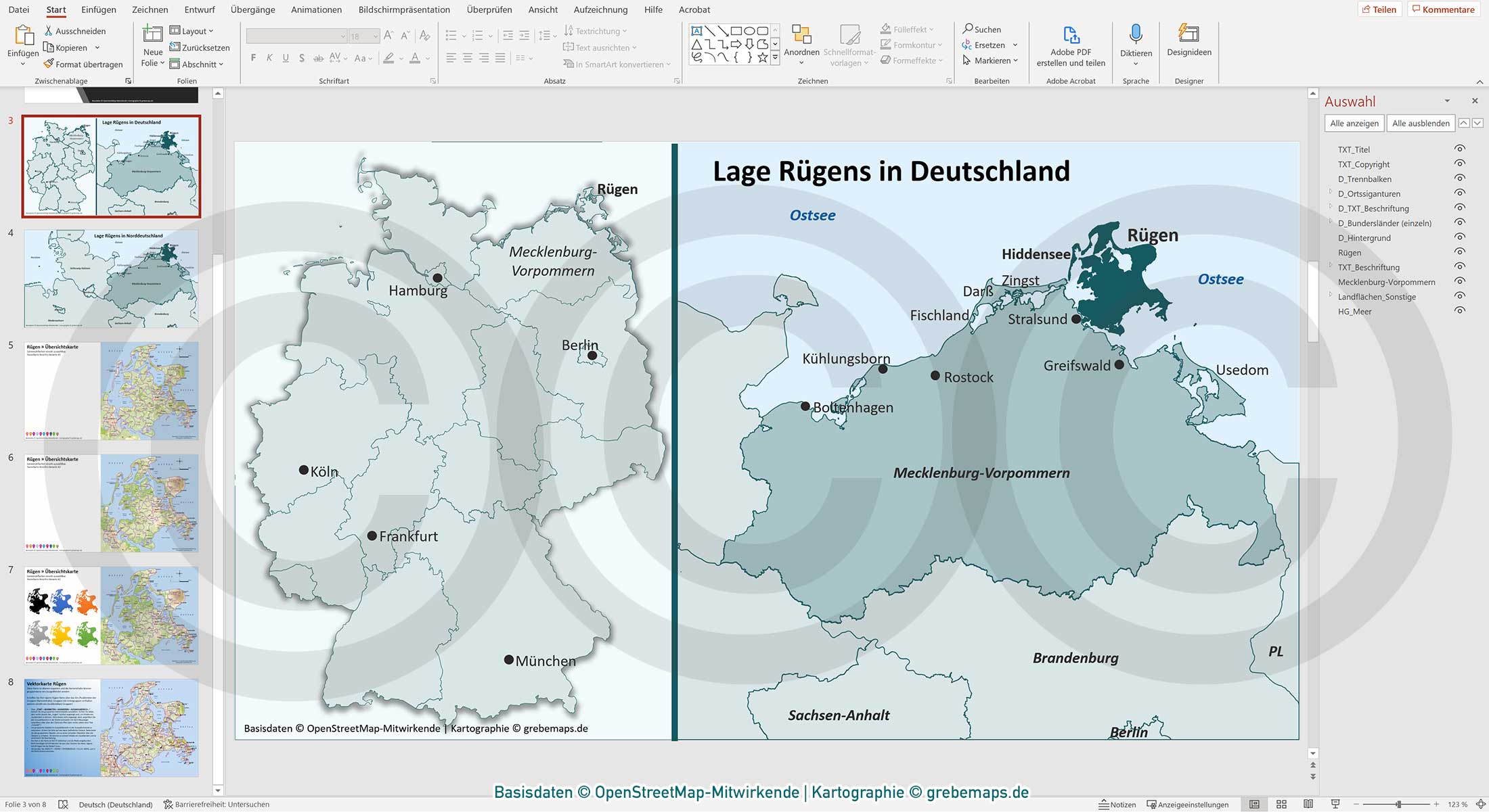 PowerPoint-Karte Rügen – Rasterkarten / Basiskarte aus Vektordaten ebenen-separiert editierbar – mit Deutschlandkarte [Digital] – Bild 4