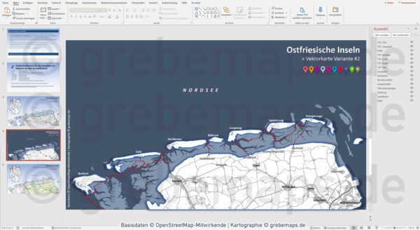 PowerPoint-Karte Ostfriesische Inseln, PowerPoint Karte Ostfriesische Inseln, Basiskarte PowerPoint Ostfriesische Inseln, Übersichtskarte PowerPoint Ostfriesische Inseln, Landkarte PowerPoint Ostfriesische Inseln, Karte Ostfriesische Inseln PowerPoint, Vektordaten, Vektorgrafik, vector map, download, editierbar, einfärbbar, bearbeitbar