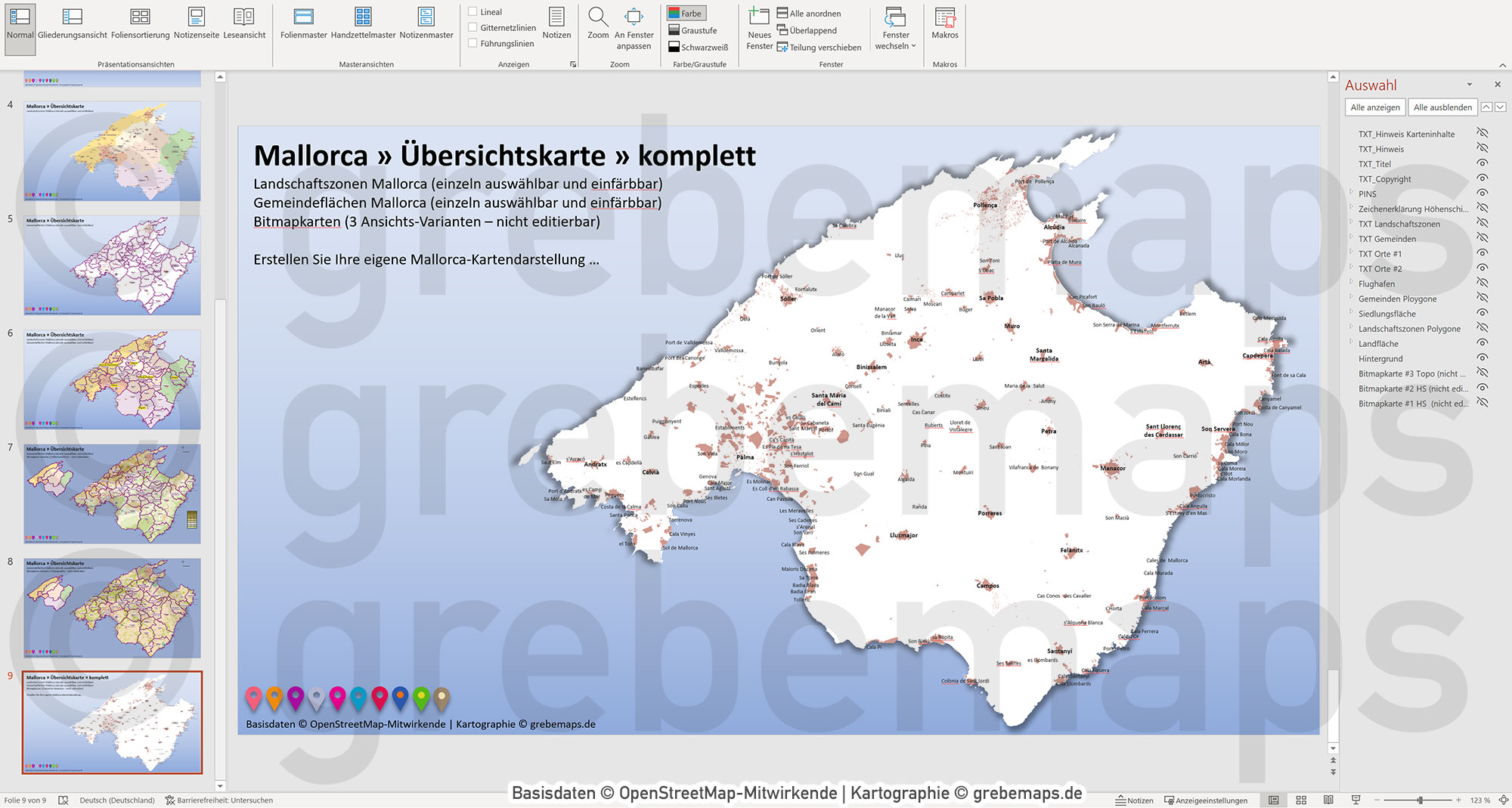 PowerPoint-Karte Mallorca - Insel-Karte mit Gemeinden und Landschaftszonen, Flächen bearbeitbar einfärbbar- mit Rasterkarten [Digital] – Bild 17