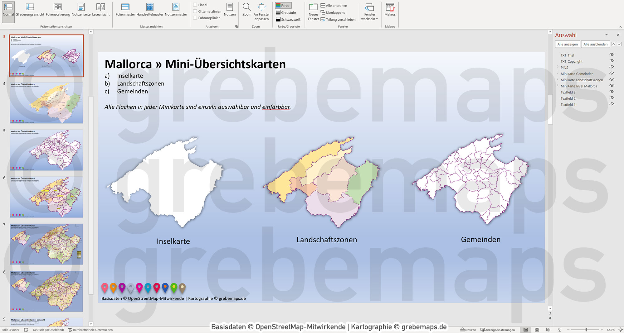 PowerPoint-Karte Mallorca - Insel-Karte mit Gemeinden und Landschaftszonen, Flächen bearbeitbar einfärbbar- mit Rasterkarten [Digital] – Bild 5