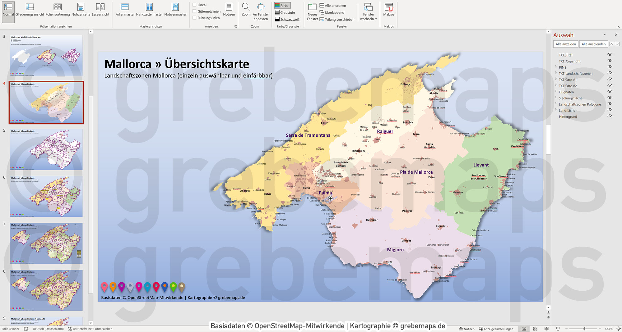 PowerPoint-Karte Mallorca - Insel-Karte mit Gemeinden und Landschaftszonen, Flächen bearbeitbar einfärbbar- mit Rasterkarten [Digital] – Bild 6