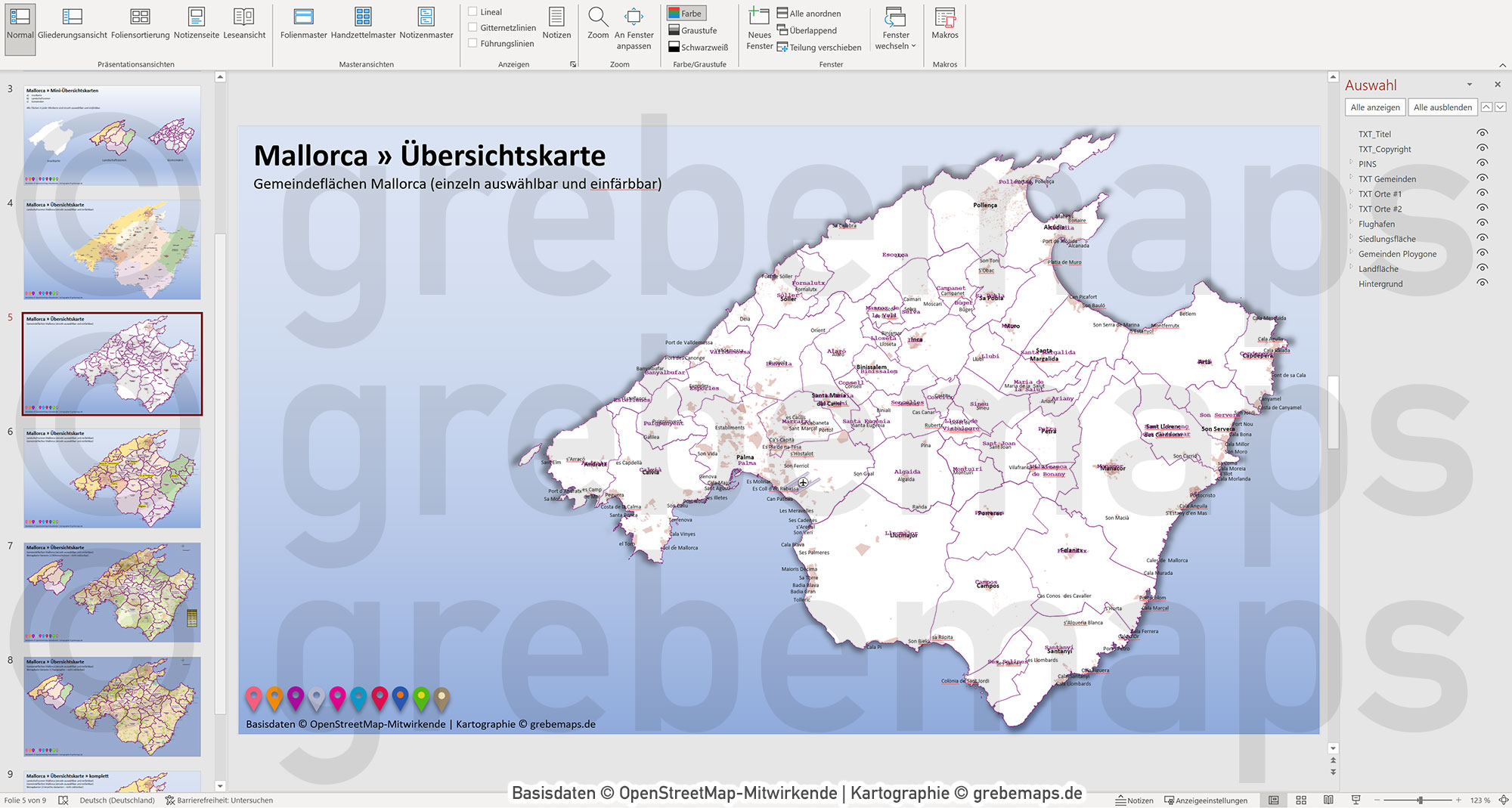 PowerPoint-Karte Mallorca - Insel-Karte mit Gemeinden und Landschaftszonen, Flächen bearbeitbar einfärbbar- mit Rasterkarten [Digital] – Bild 7