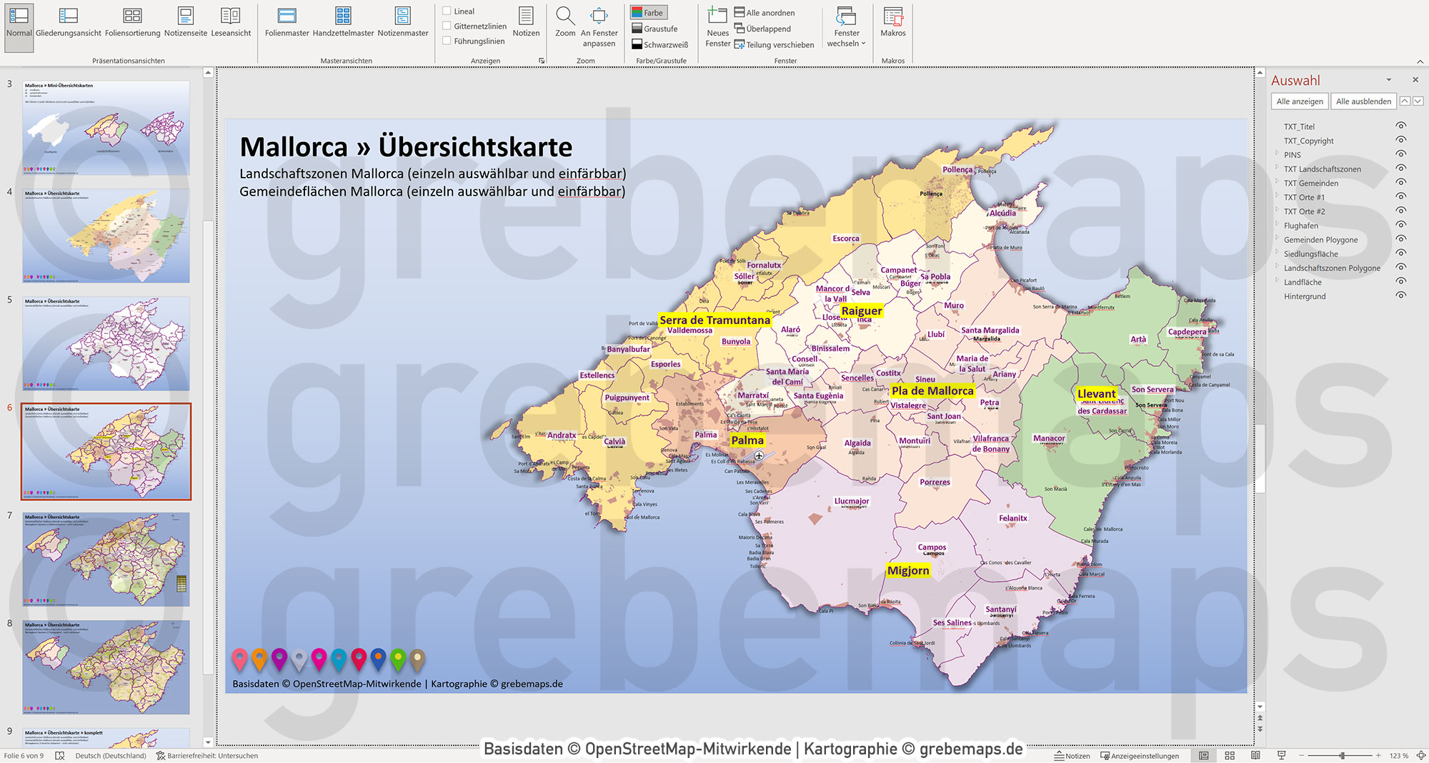 PowerPoint-Karte Mallorca - Insel-Karte mit Gemeinden und Landschaftszonen, Flächen bearbeitbar einfärbbar- mit Rasterkarten [Digital] – Bild 8
