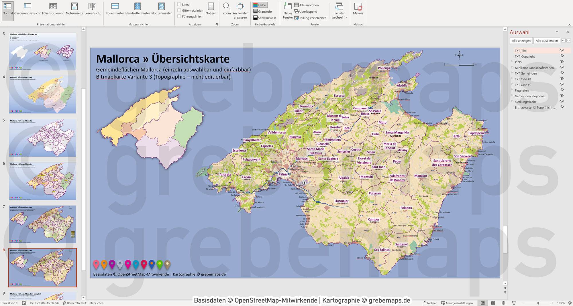 PowerPoint-Karte Mallorca - Insel-Karte mit Gemeinden und Landschaftszonen, Flächen bearbeitbar einfärbbar- mit Rasterkarten [Digital] – Bild 10
