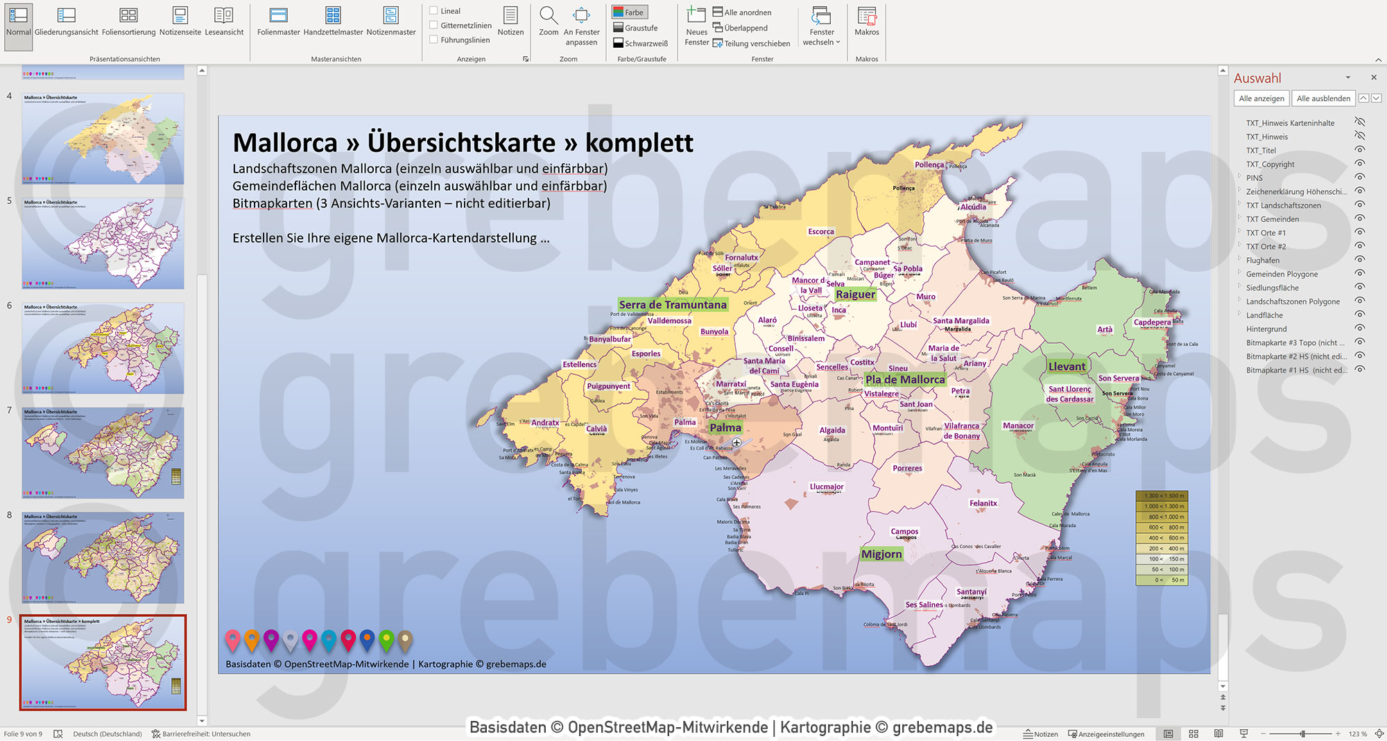 PowerPoint-Karte Mallorca - Insel-Karte mit Gemeinden und Landschaftszonen, Flächen bearbeitbar einfärbbar- mit Rasterkarten [Digital] – Bild 11
