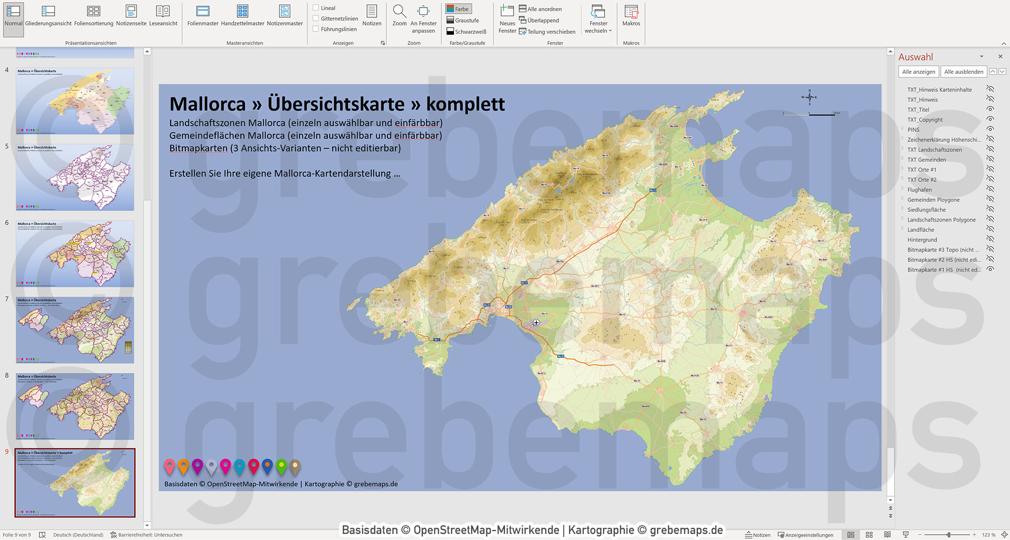 PowerPoint-Karte Mallorca - Insel-Karte mit Gemeinden und Landschaftszonen, Flächen bearbeitbar einfärbbar- mit Rasterkarten [Digital] – Bild 12
