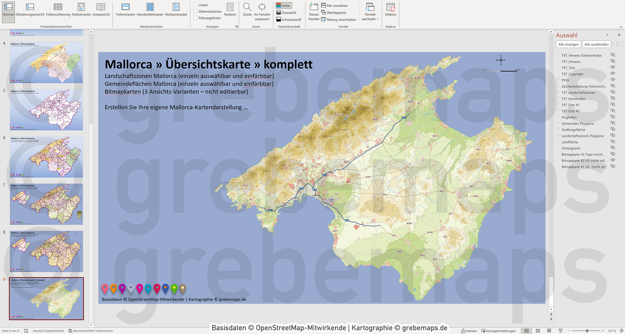 PowerPoint-Karte Mallorca - Insel-Karte mit Gemeinden und Landschaftszonen, Flächen bearbeitbar einfärbbar- mit Rasterkarten [Digital] – Bild 13