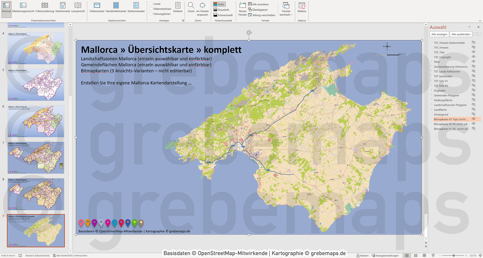 PowerPoint-Karte Mallorca - Insel-Karte mit Gemeinden und Landschaftszonen, Flächen bearbeitbar einfärbbar- mit Rasterkarten [Digital] – Bild 14