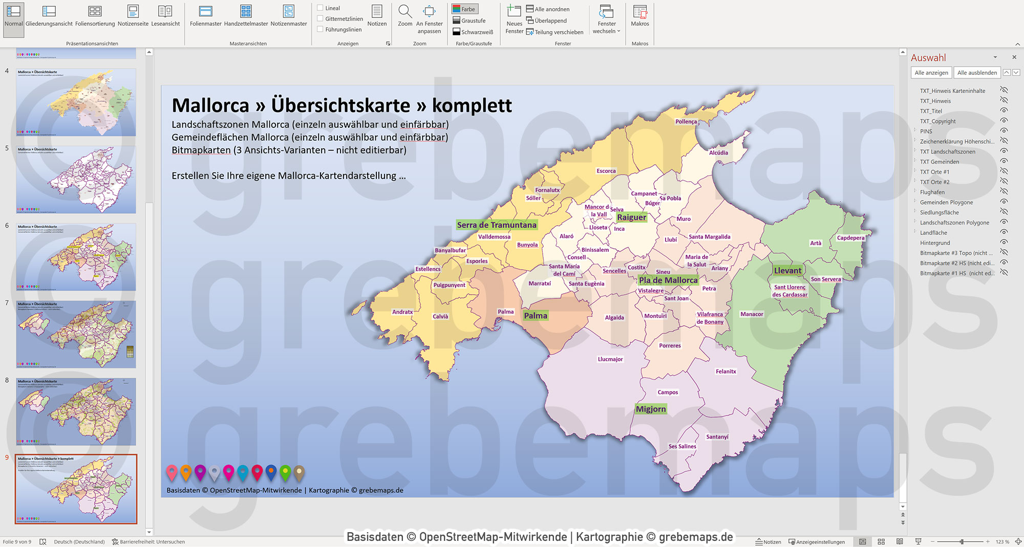 PowerPoint-Karte Mallorca - Insel-Karte mit Gemeinden und Landschaftszonen, Flächen bearbeitbar einfärbbar- mit Rasterkarten [Digital] – Bild 19