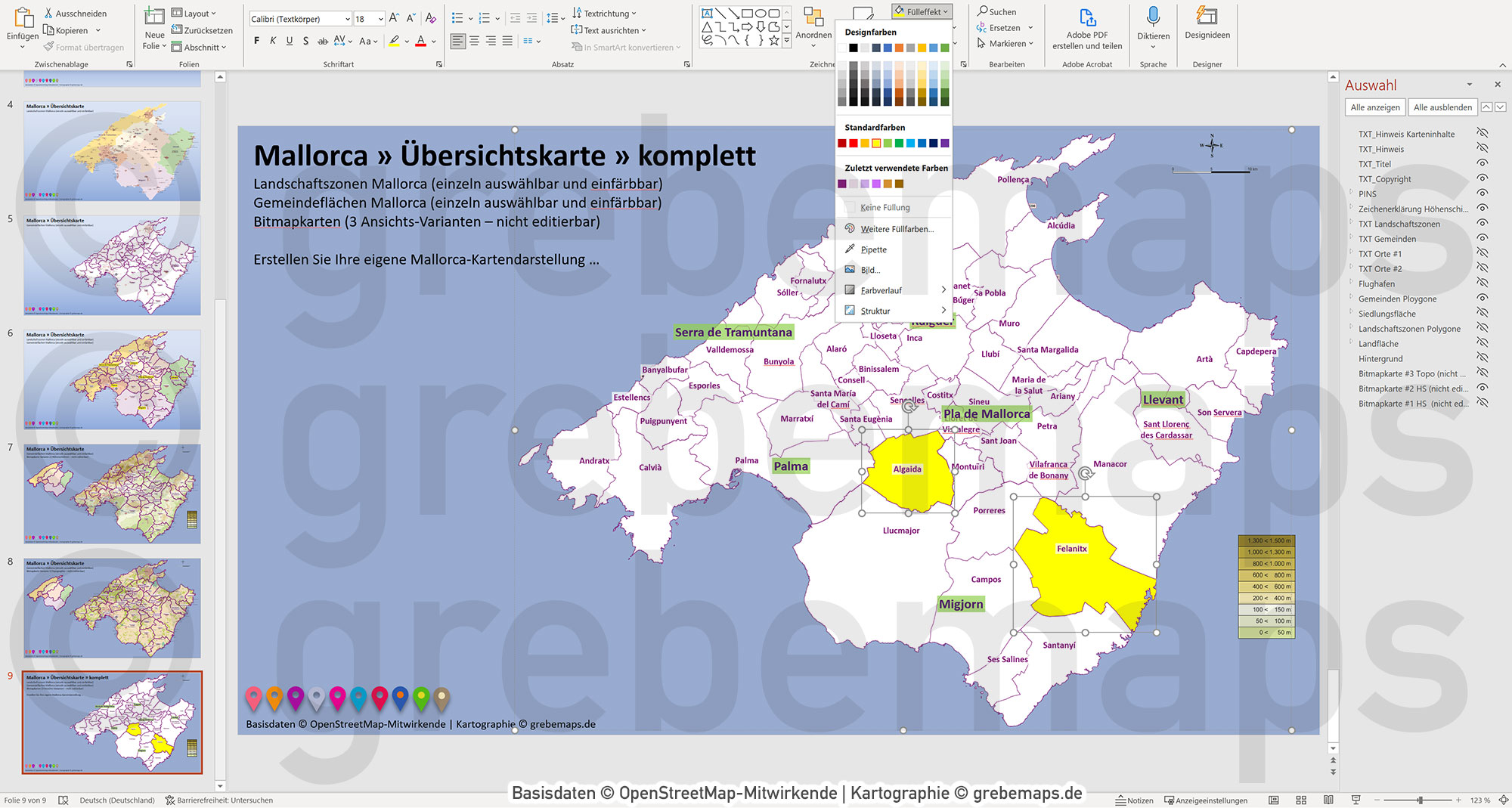 PowerPoint-Karte Mallorca - Insel-Karte mit Gemeinden und Landschaftszonen, Flächen bearbeitbar einfärbbar- mit Rasterkarten [Digital] – Bild 21