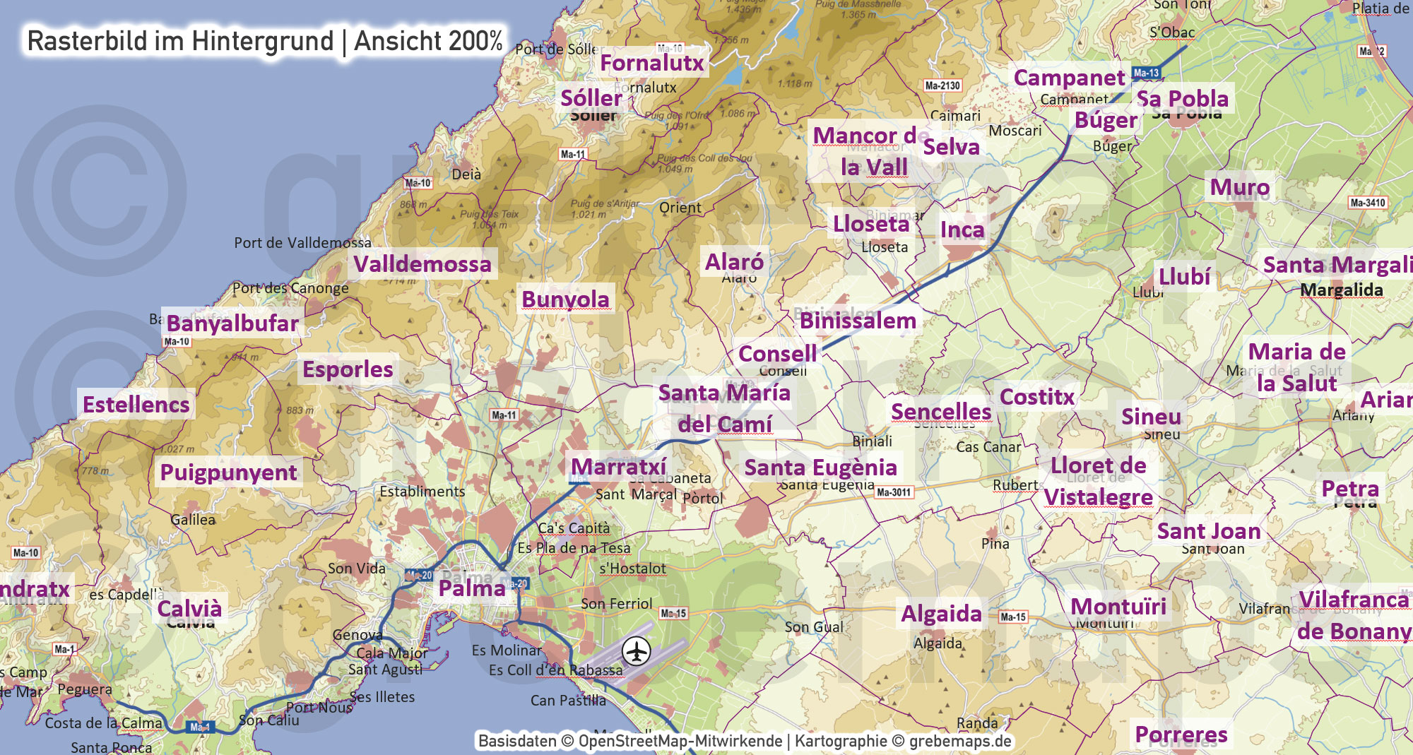 PowerPoint-Karte Mallorca - Insel-Karte mit Gemeinden und Landschaftszonen, Flächen bearbeitbar einfärbbar- mit Rasterkarten [Digital] – Bild 23