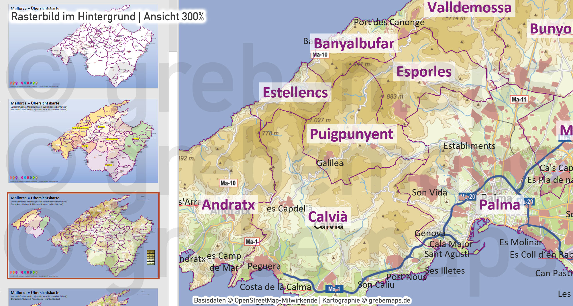 PowerPoint-Karte Mallorca - Insel-Karte mit Gemeinden und Landschaftszonen, Flächen bearbeitbar einfärbbar- mit Rasterkarten [Digital] – Bild 24
