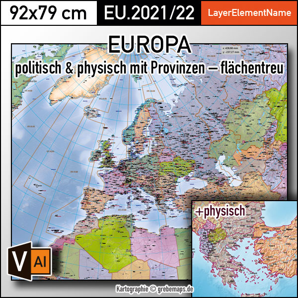 Europa Vektorkarte politisch physisch mit Provinzen flächentreu Landkarte [Digital]
