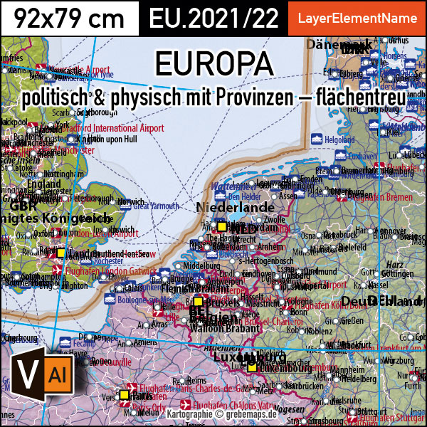 Europa Vektorkarte politisch physisch mit Provinzen flächentreu Landkarte [Digital] – Bild 2