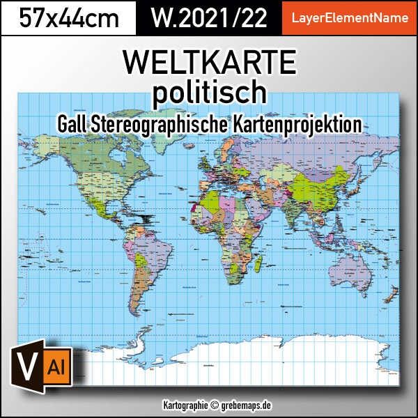 Weltkarte politisch - Gall Stereographisch Kartenprojektion - ebenen-separierte editierbare Vektorkarte für Illustrator zum Download [Digital]