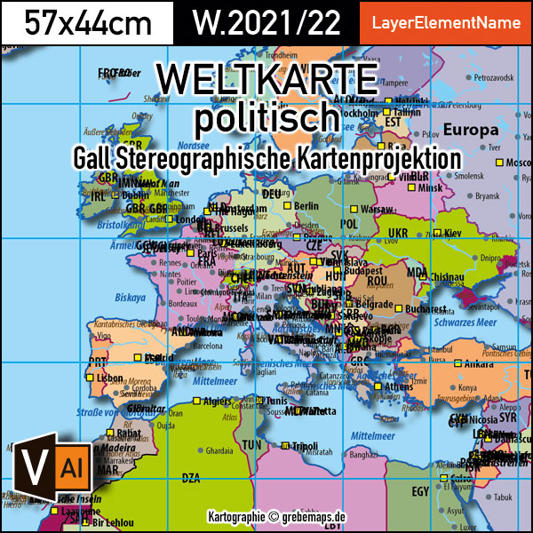 Weltkarte politisch - Gall Stereographisch Kartenprojektion - ebenen-separierte editierbare Vektorkarte für Illustrator zum Download [Digital] – Bild 2