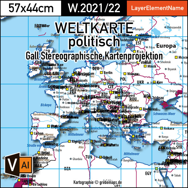 Weltkarte politisch - Gall Stereographisch Kartenprojektion - ebenen-separierte editierbare Vektorkarte für Illustrator zum Download [Digital] – Bild 3