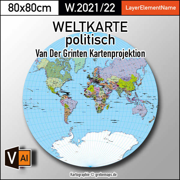Weltkarte politisch - Van Der Grinten Kartenprojektion - ebenen-separierte editierbare Vektorkarte für Illustrator zum Download [Digital]