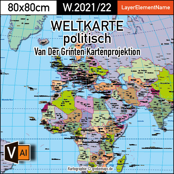Weltkarte politisch - Van Der Grinten Kartenprojektion - ebenen-separierte editierbare Vektorkarte für Illustrator zum Download [Digital] – Bild 2