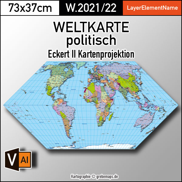Weltkarte politisch - Eckert II Kartenprojektion - ebenen-separierte editierbare Vektorkarte für Illustrator zum Download [Digital]