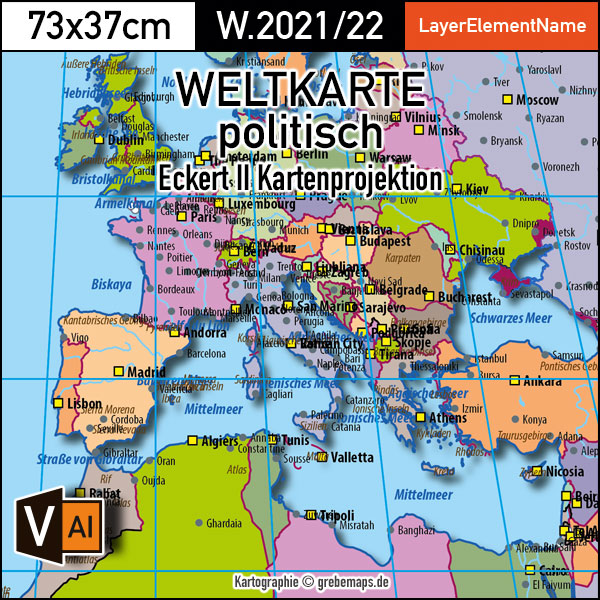 Weltkarte politisch - Eckert II Kartenprojektion - ebenen-separierte editierbare Vektorkarte für Illustrator zum Download [Digital] – Bild 8
