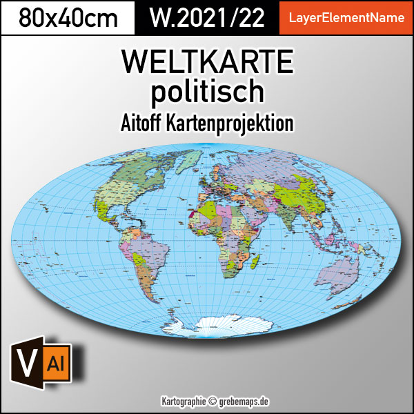 Weltkarte politisch - Aitoff Kartenprojektion - ebenen-separierte editierbare Vektorkarte für Illustrator zum Download [Digital]