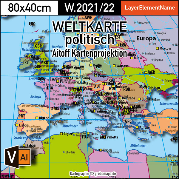 Weltkarte politisch - Aitoff Kartenprojektion - ebenen-separierte editierbare Vektorkarte für Illustrator zum Download [Digital] – Bild 2