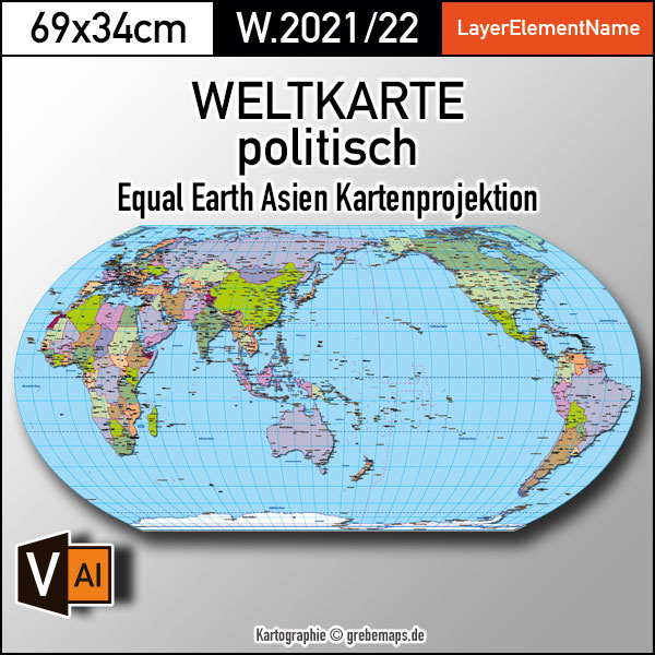 Weltkarte politisch - Equal Earth Asien-Pazifik Kartenprojektion - Vektordatei ebenen-separierte editierbare Vektor-Karte für Illustrator zum Download [Digital]