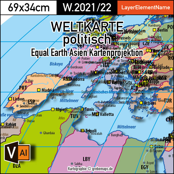 Weltkarte politisch - Equal Earth Asien-Pazifik Kartenprojektion - Vektordatei ebenen-separierte editierbare Vektor-Karte für Illustrator zum Download [Digital] – Bild 2