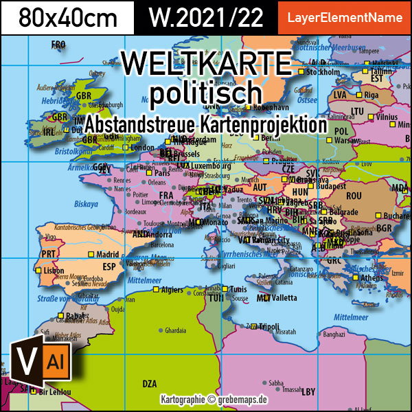 Weltkarte politisch - Abstandstreue Kartenprojektion - Vektordatei ebenen-separierte editierbare Vektor-Karte für Illustrator zum Download [Digital] – Bild 2