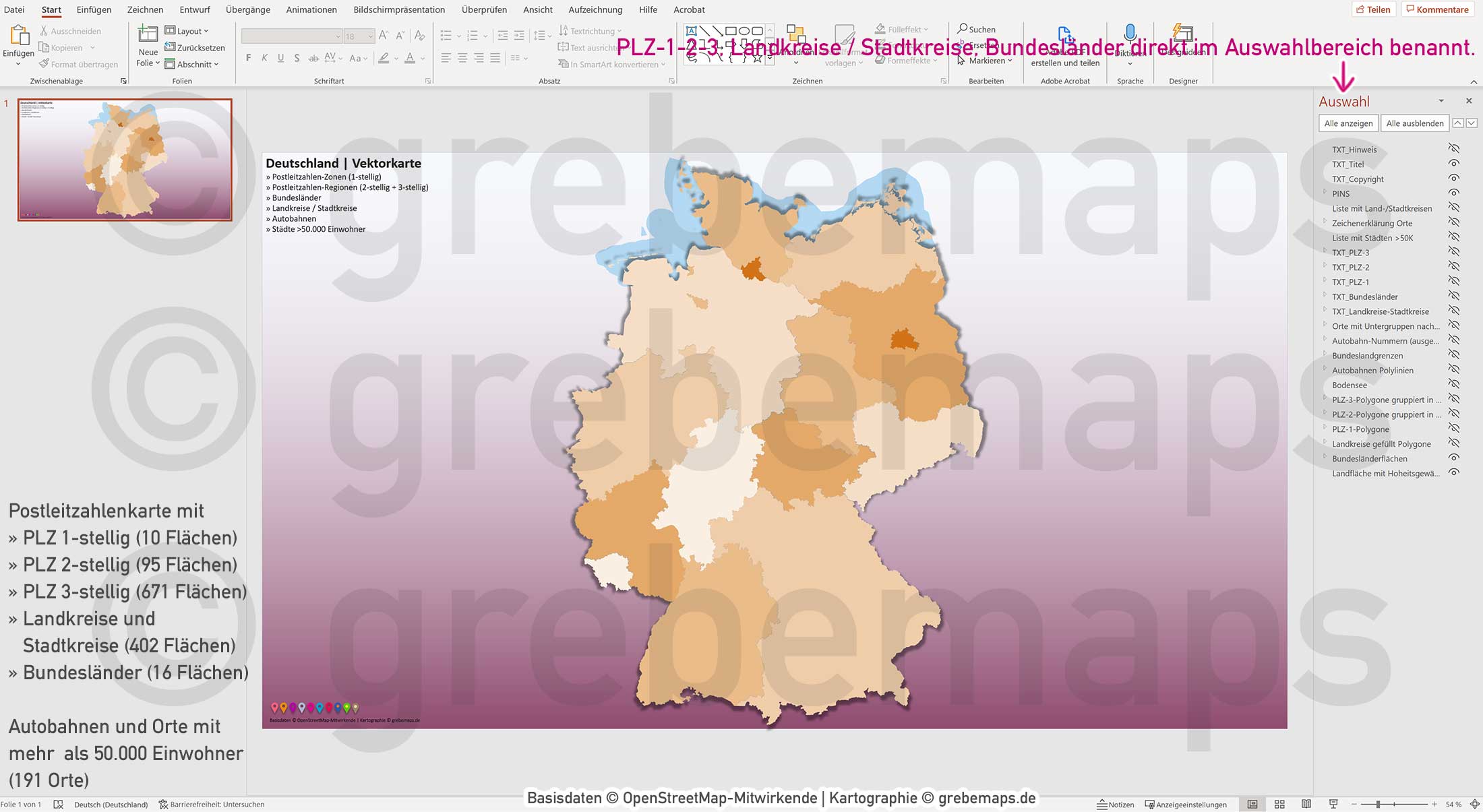 PowerPoint-Karte Deutschland Postleitzahlen PLZ-1-2-3 Bundesländer Landkreise Autobahnen Städte>50K Vektorkarte [Digital] – Bild 12